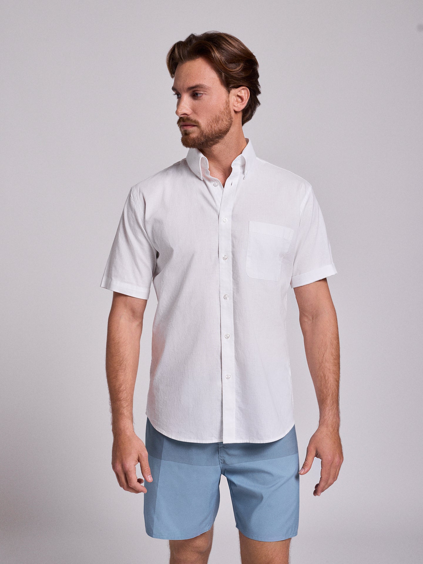 CAMISA LINO BLANCA MANGA CORTA REGULAR FIT MR. AZUL